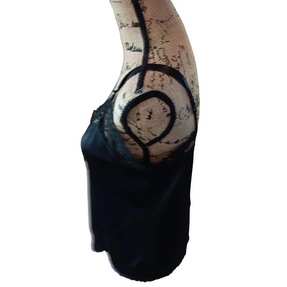 Black Lace Nylon Chemise Half Slip‎ Night Wear Adjustable Strap Camisole S-M X4